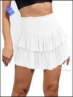 Women's Ruffle Mini Skirt Smocked Waist A-Line Flowy Cute Short